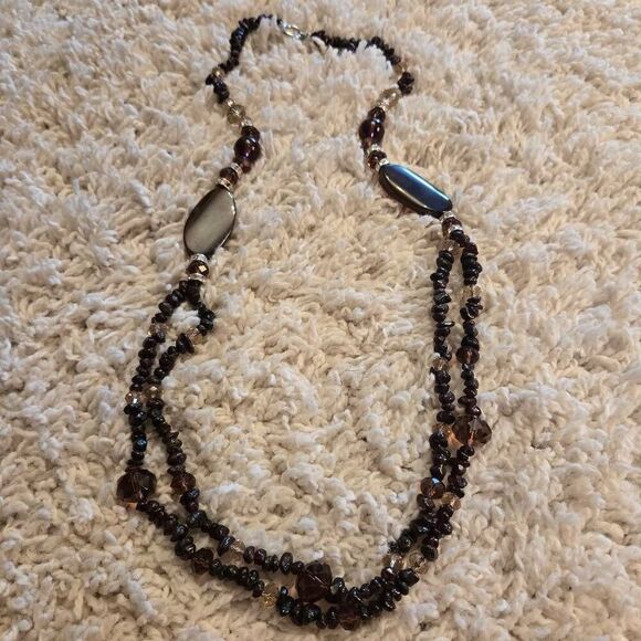 NWOT Stone  Glass Bead Long Necklace Purple Brown - Picture 3 of 8